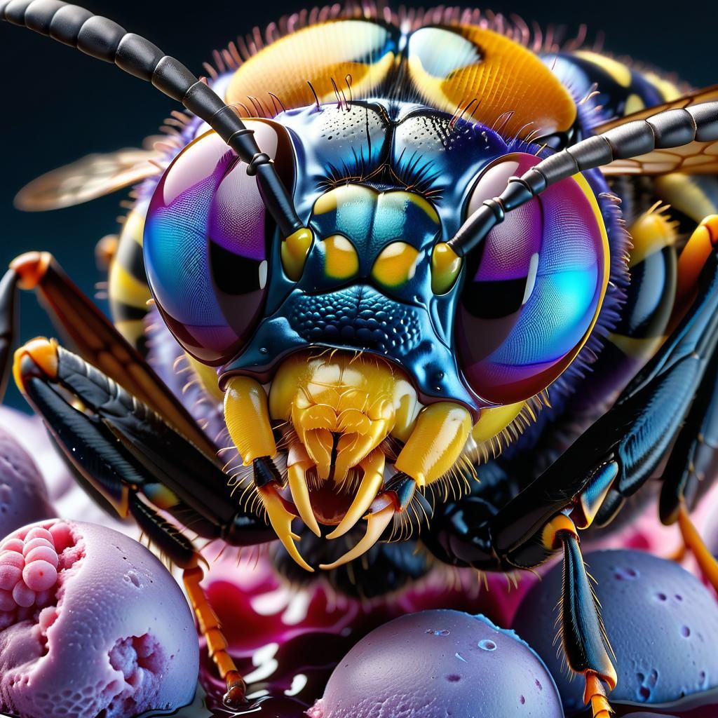 Wasp feasting on a blueberry ice cream  by @Floater
