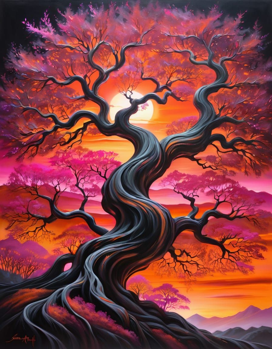 A moody orange and pink Treescape   by @Marshas Creative AI Designs
