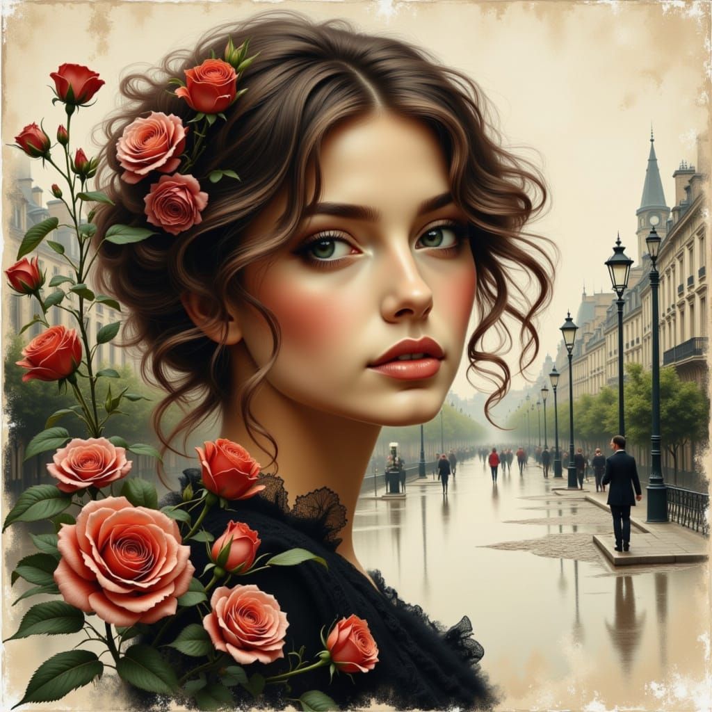 Elegant Woman in Vintage Street Scene Double Exposure