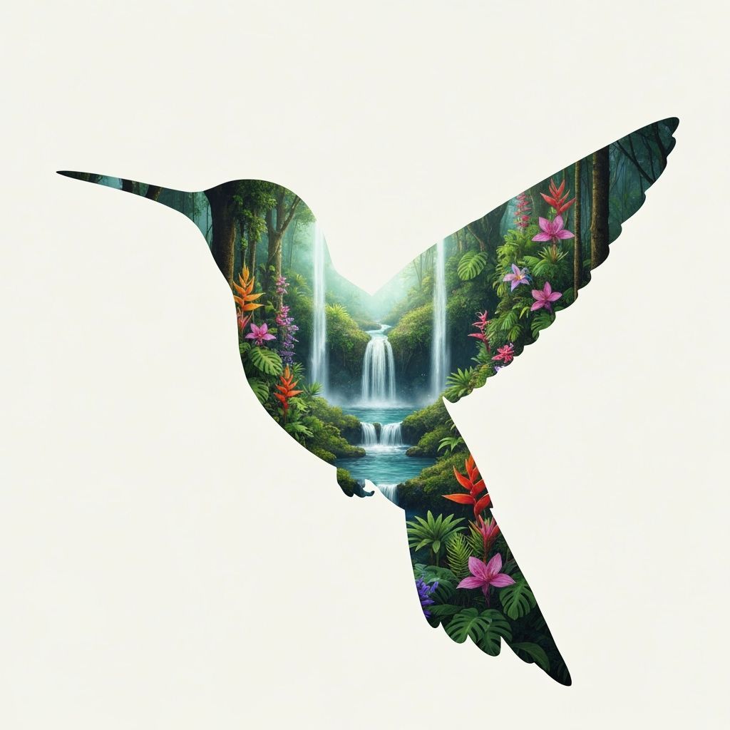 A whimsical double exposure art piece blending the silhouette of a hummingbird with a vibrant, blooming rainforest. Inside the hummingbird's...