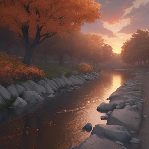 Riverbank at fall, cloudy sunset