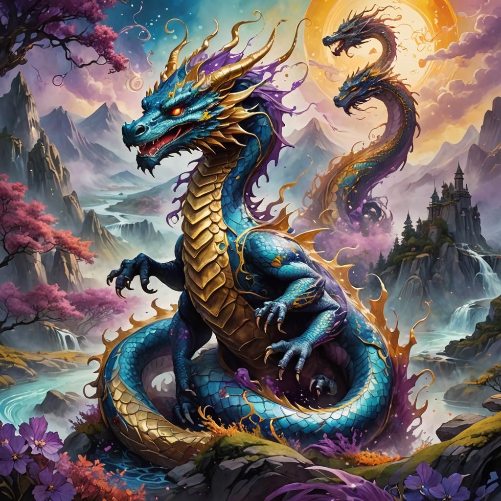 Serpentine Dragon Coils Around Mystical Landscape