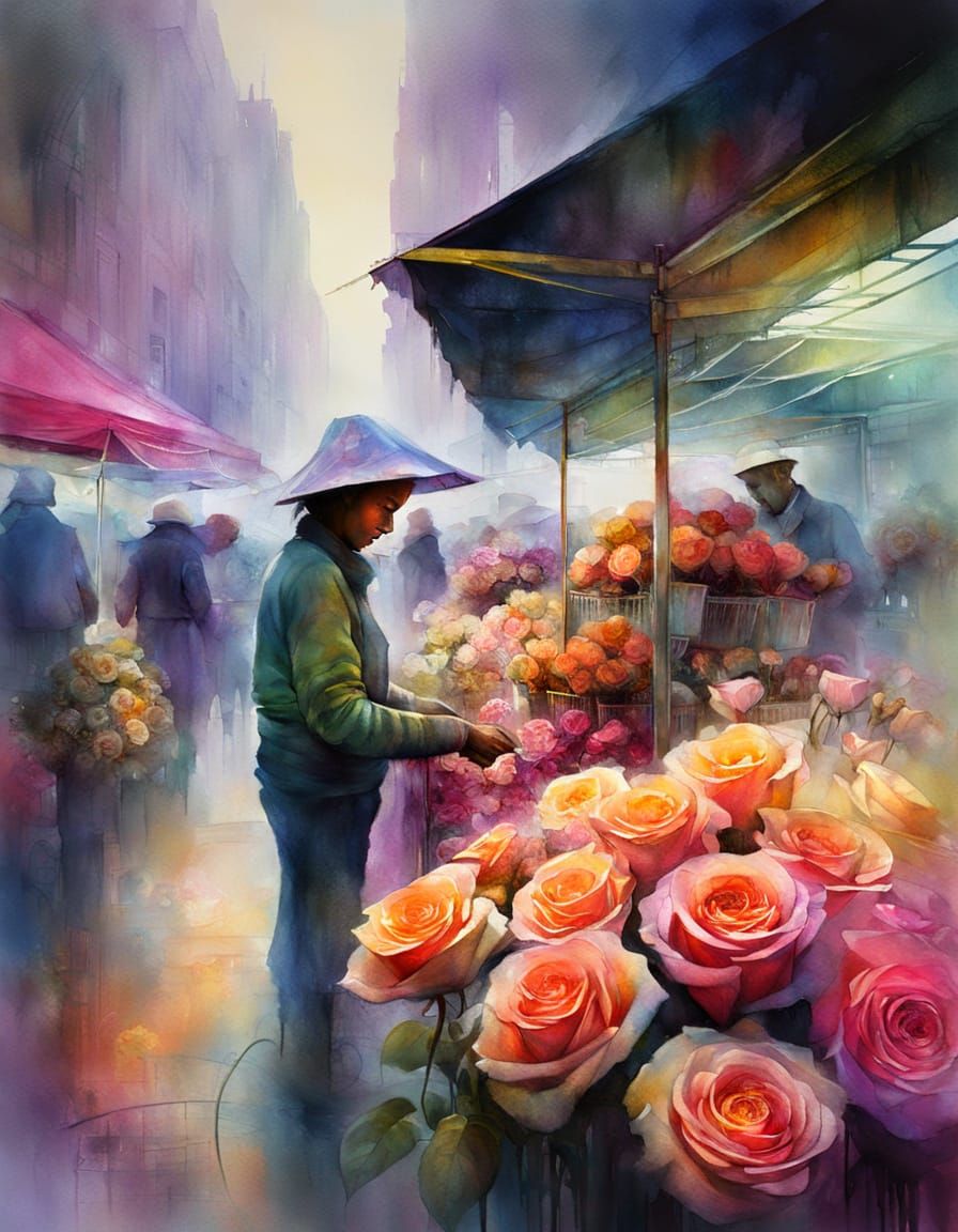 Flower Seller ROSES, martian carnival MARKET, NEON radiant, dry brush, aquarelle, Annette Schmucker, ...  by @Shlucky