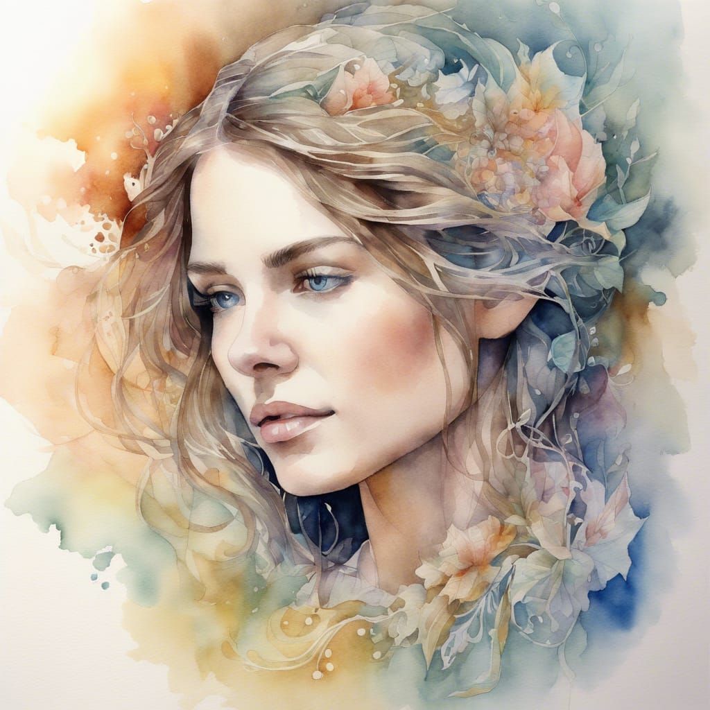 <lora:Dreamy Watercolor:1.0> Intricately detailed 16k watercolor head and shoulders portrait of gorgeous woman, hyperdetailed, ethereal, ser...