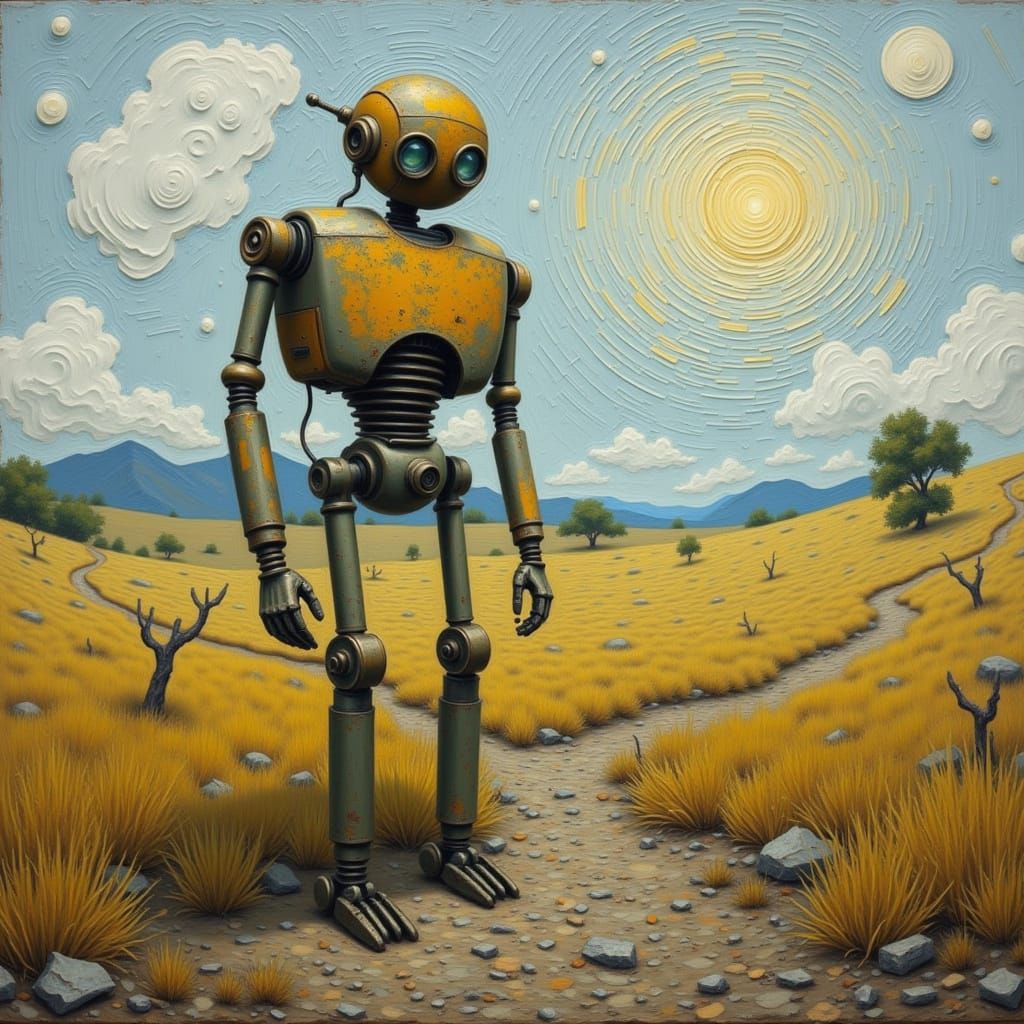 <lora:Old World Robo:1.0> "van gogh" oil painting style landscape of an aged and warn robot built with technology from the 1920's, searching...