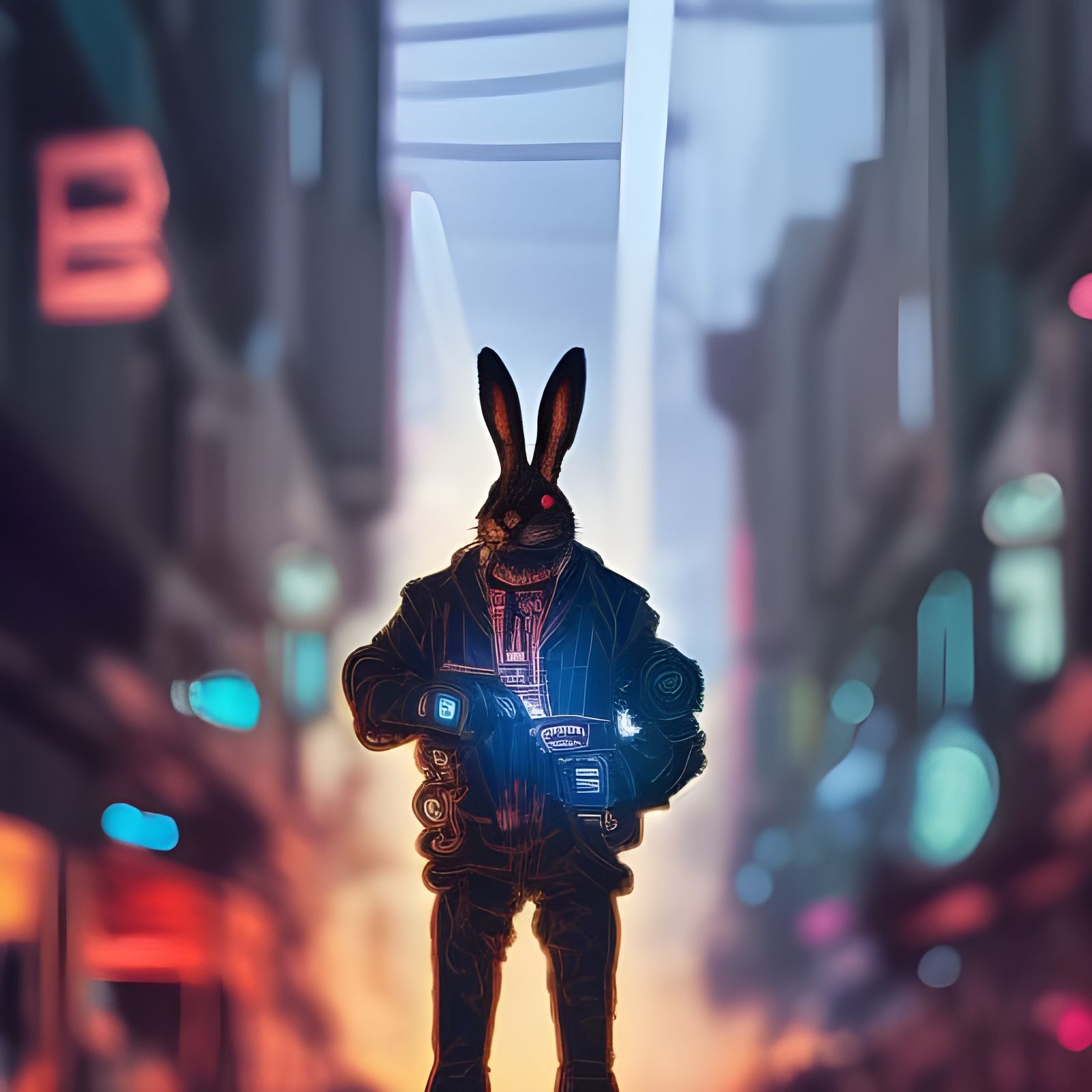cyberpunk street filled with night market at night with a humanoid ...