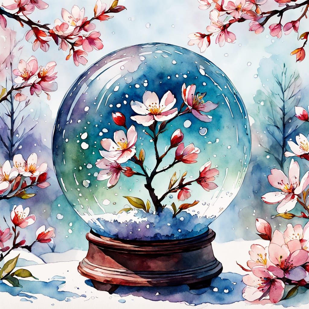 Watercolor Snow Globe with Cherry Blossoms in Whimsical Drea...