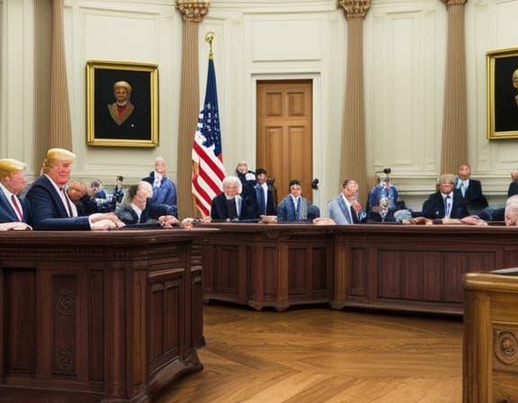 Donald Trump in court room being arraigned on election charg...