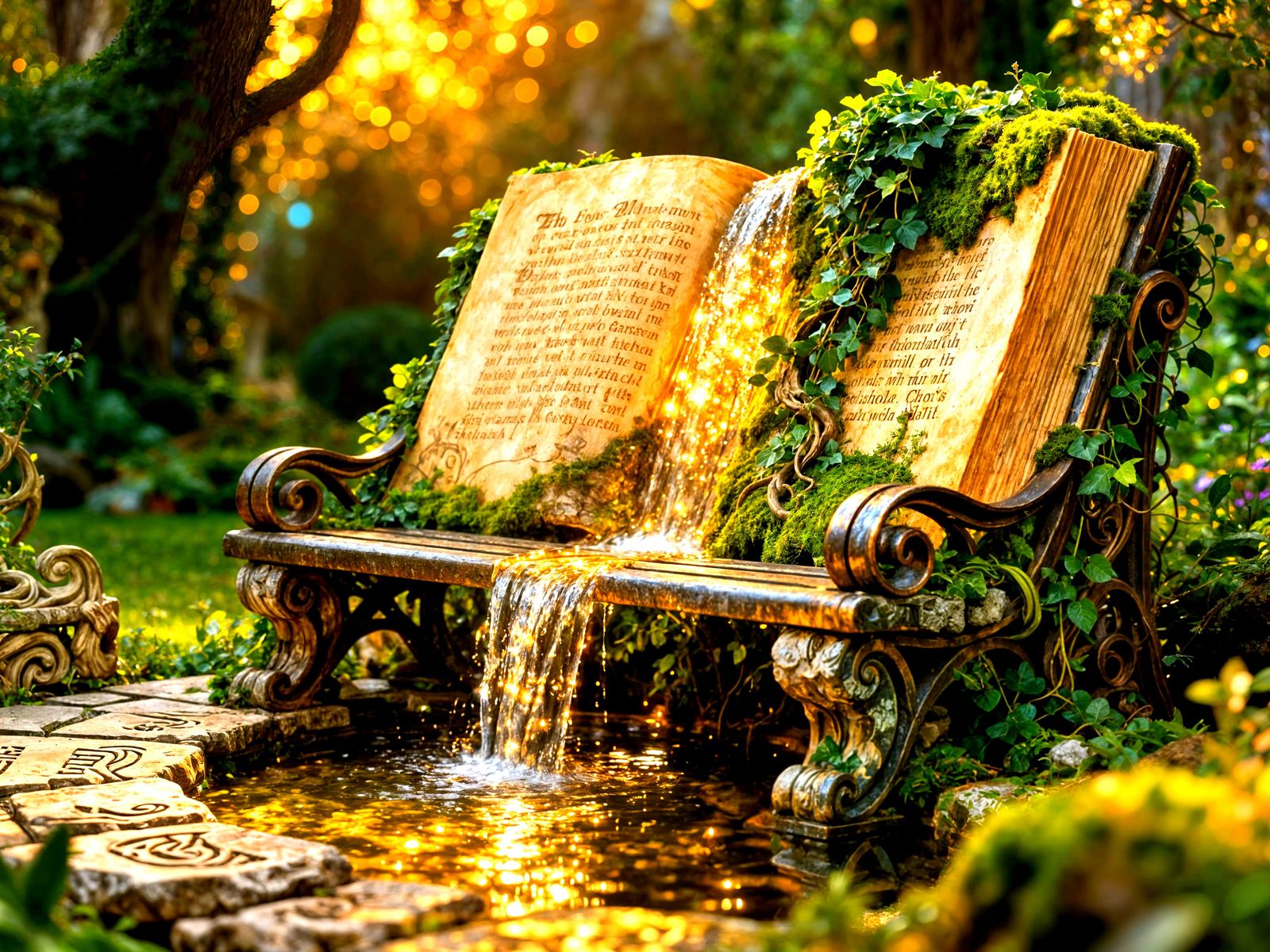 Enchanted Book Bench Waterfall in Magical Garden