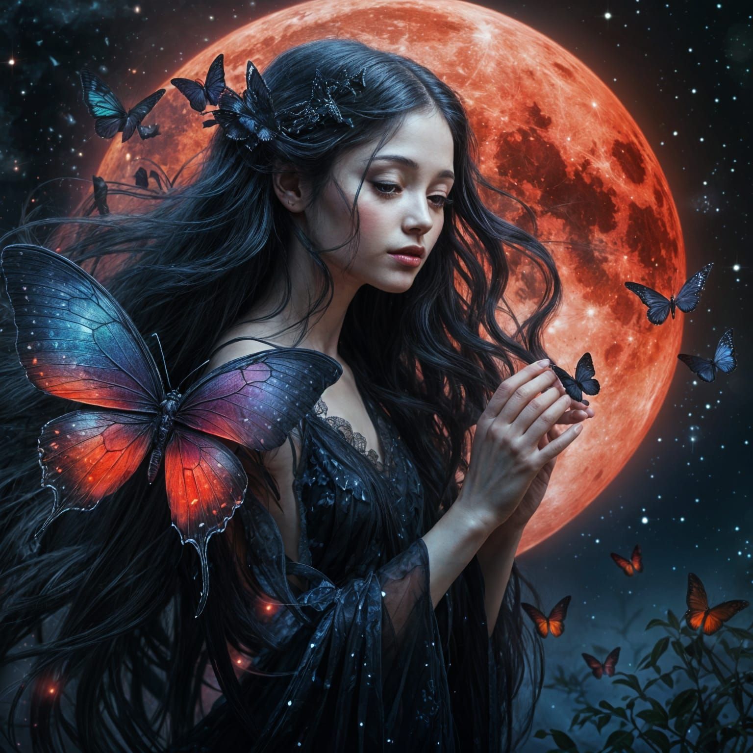 Dark Fairy with Butterfly, Holographic Astral Illustration