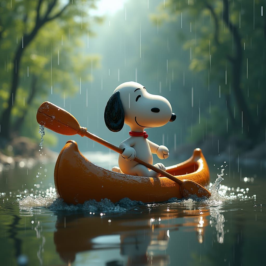 Snoopy paddling a canoe in the rain