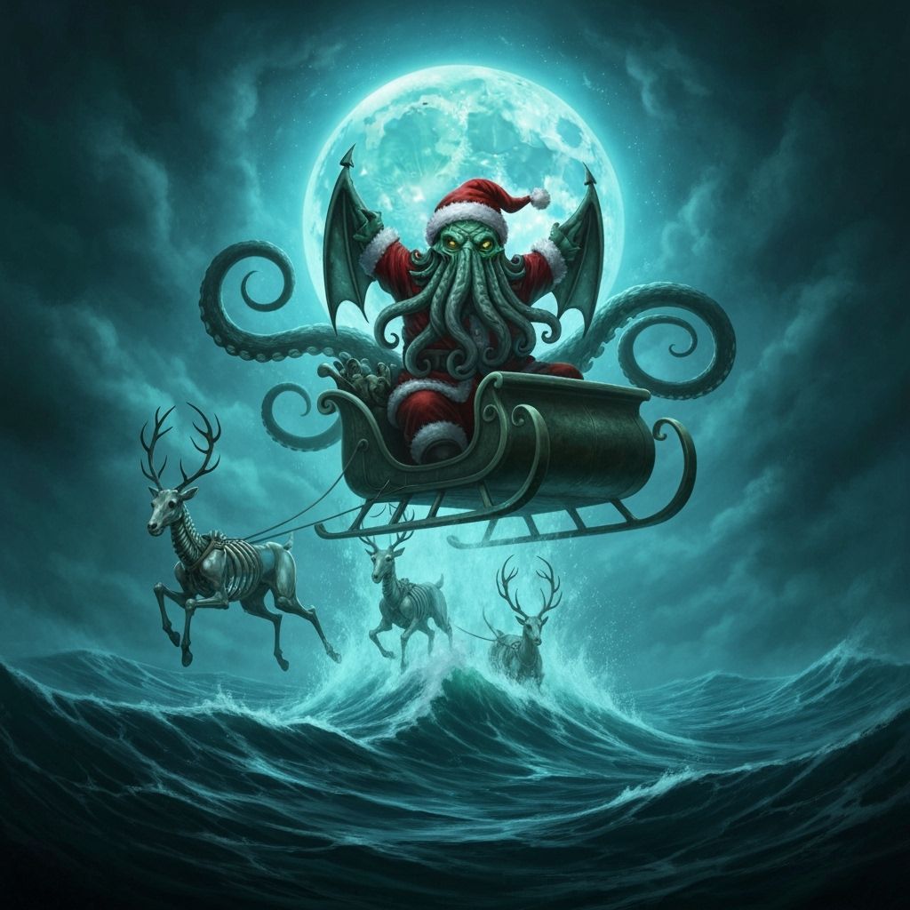 Cthulu  Santa rising from the sea riding in a sleigh pulled by skeleton reindeer