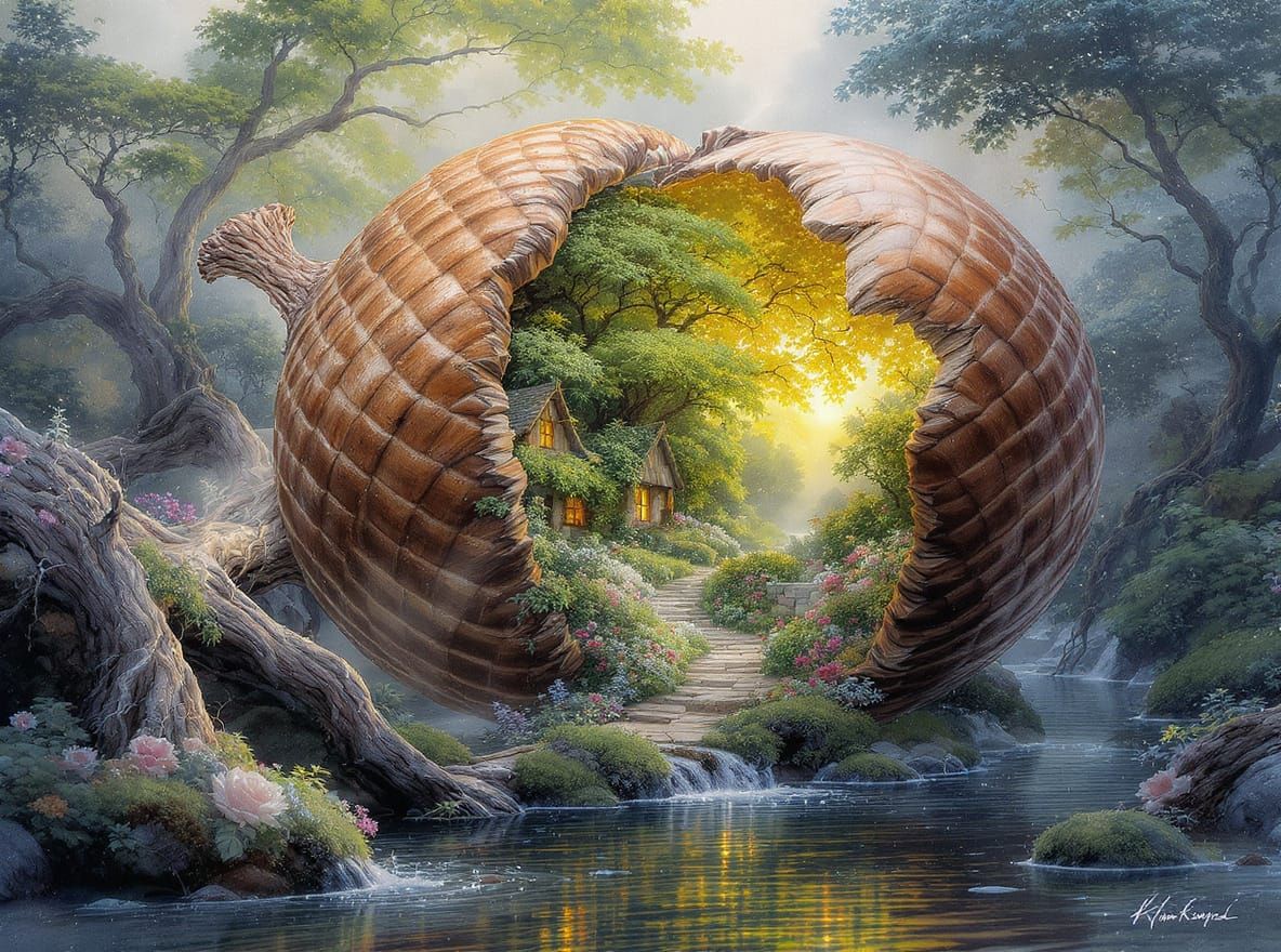 A painting by Johan Jongkind, kerem beyit, thomas kinkade, a beautiful, magical forest inside an acorn, detailed, tiny forest path leading i...