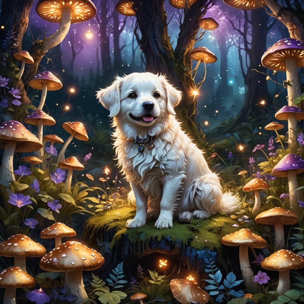 Playful White Dog on Mushroom in Fantasy Art