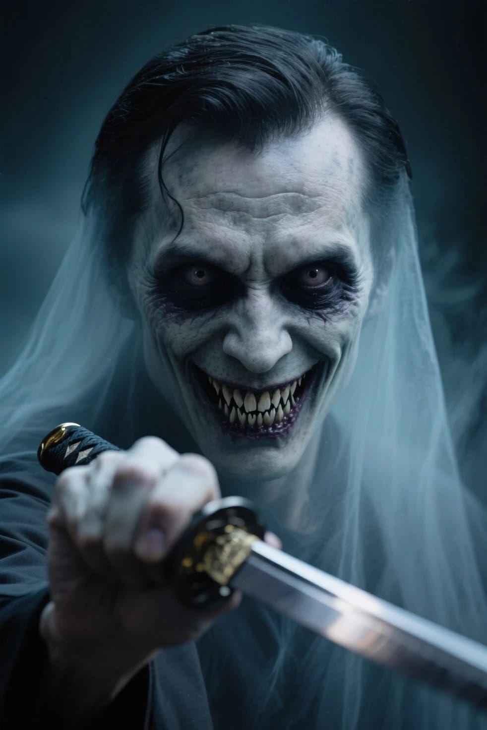 Scary horror macabre dark fantasy creation I just made of an evil ghostly male figure holding a small katana