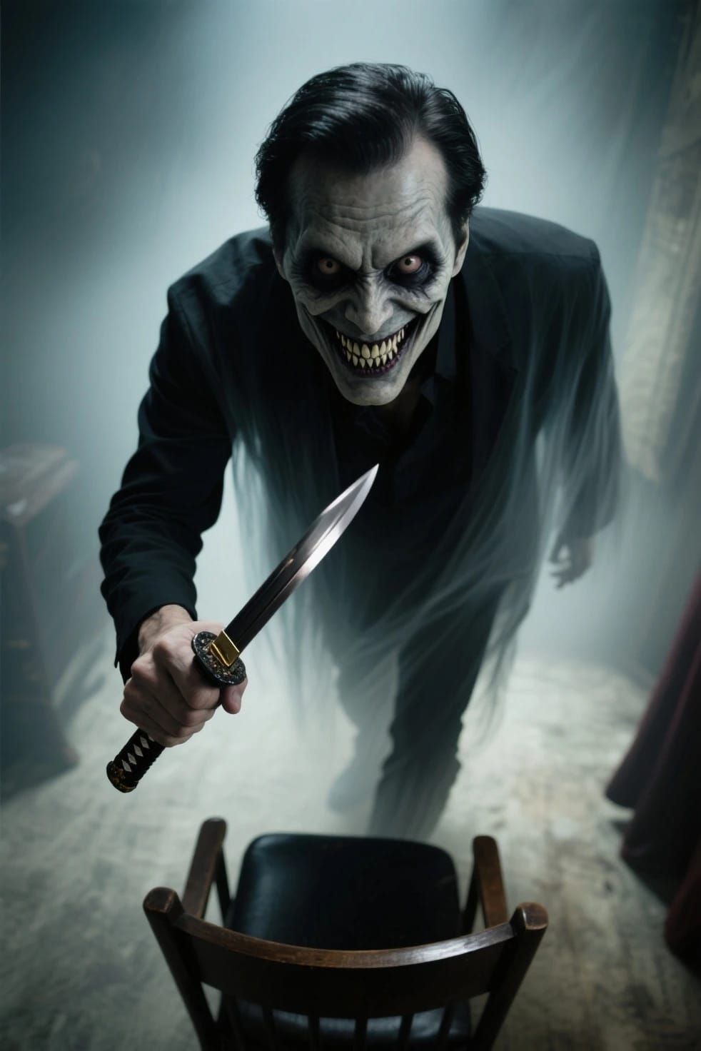 Scary horror macabre dark fantasy creation I just made of an evil ghostly male figure holding a small katana walking up ...