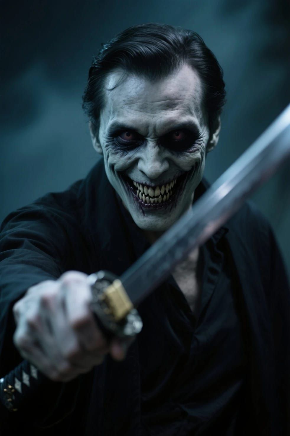 Scary horror macabre dark fantasy creation I just made of an evil ghostly male figure holding a small katana