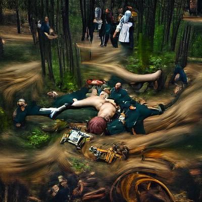 Steampunk Body collapse in the forest, renaissance painting