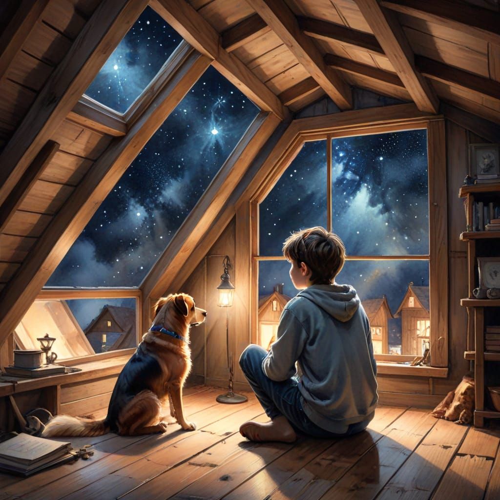 Boy and Dog Stargazing in Cozy Attic