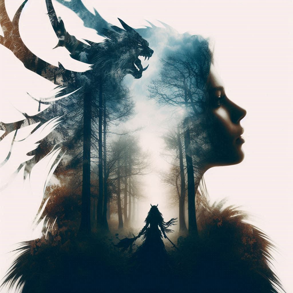 double exposure beautiful fantasy DALL-E 3 portrait landscape..