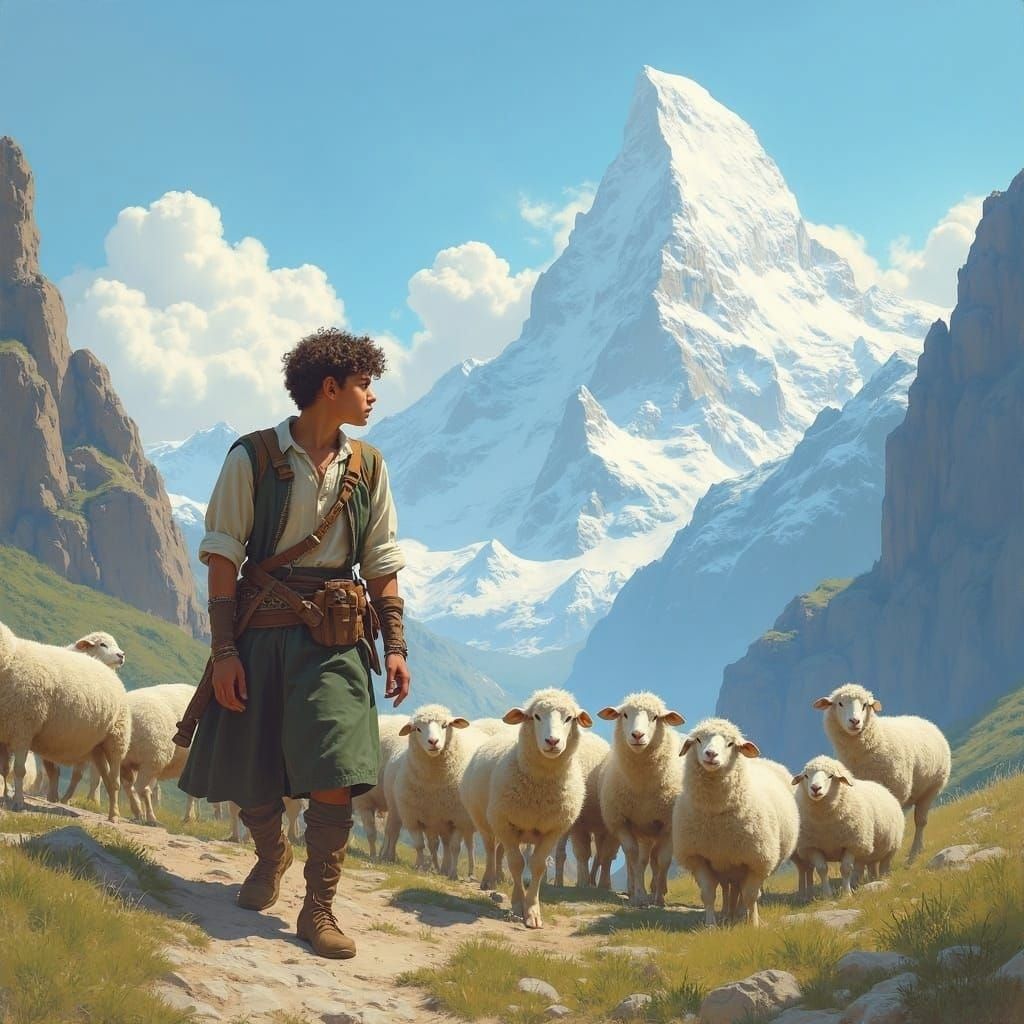 Medieval Shepherd Boy With Sheep in Snowy Mountains