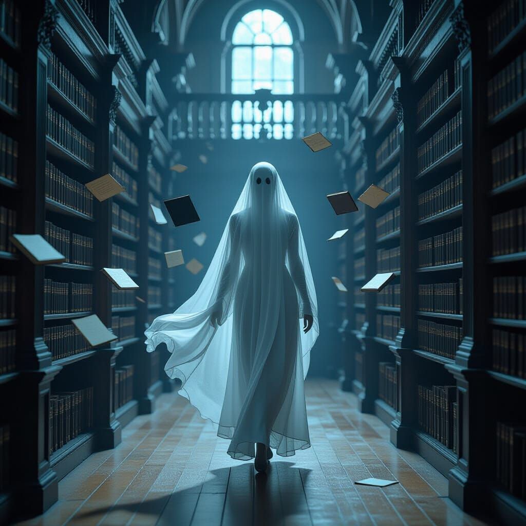 A solitary, ethereal ghost drifts through a dimly lit Victorian library, its translucent form shimmering with an inner light. Books float ge...