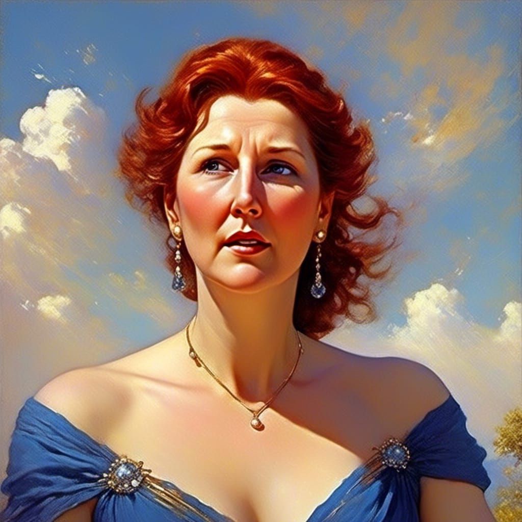 Beautiful Mature Auburn Haired Woman Eyes Closed In Rapture On A Beautiful Sunny Day Wearing A