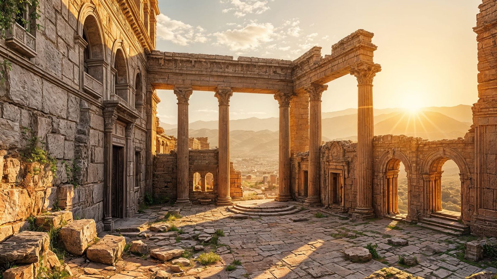 Ancient Ruins Ultra-detailed hyper-realistic nestled within a barren desert, sun-kissed crumbling stone ...  by @Carlos