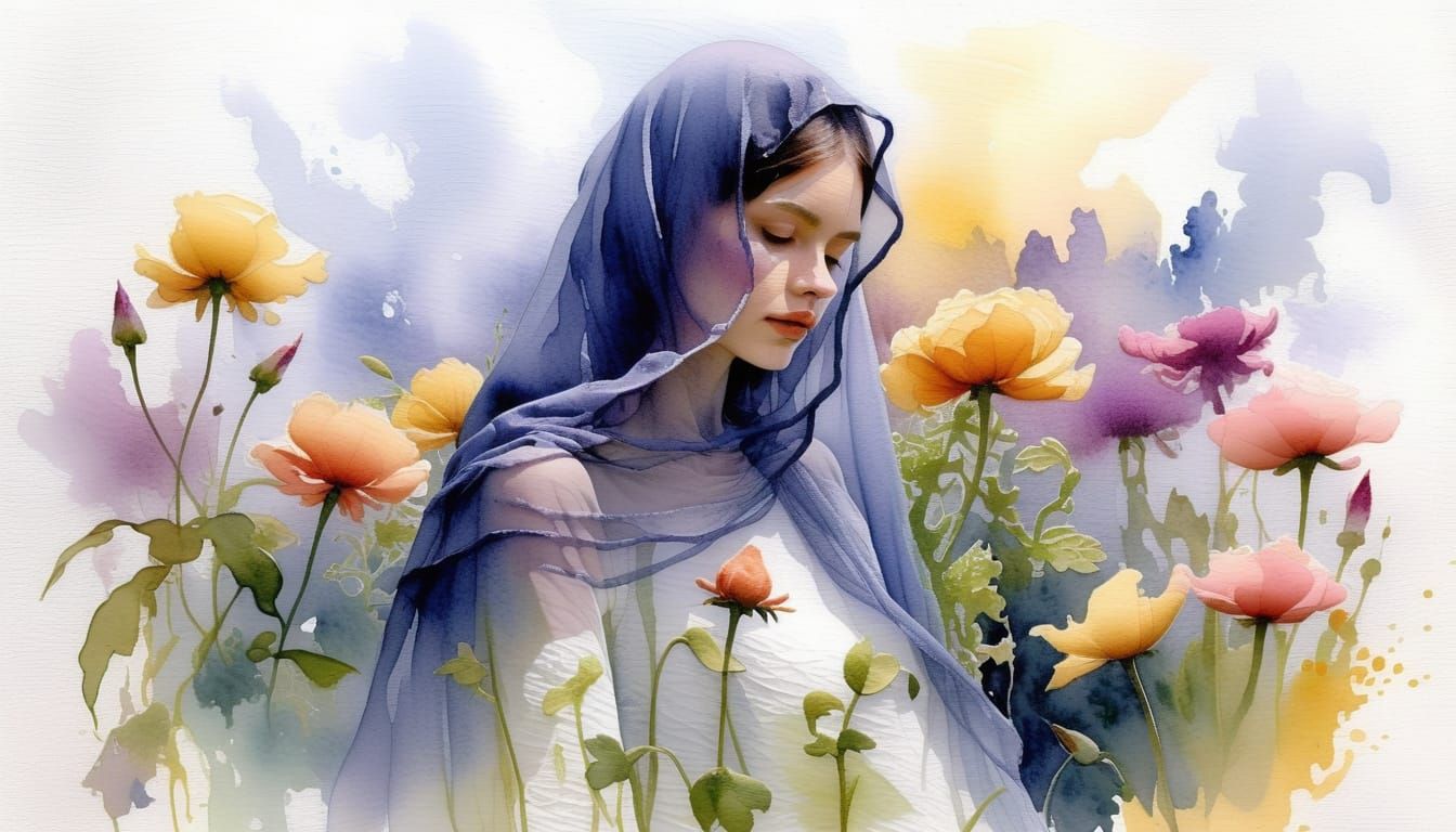 Veiled watercolor flowerscape (6).  by @Joris