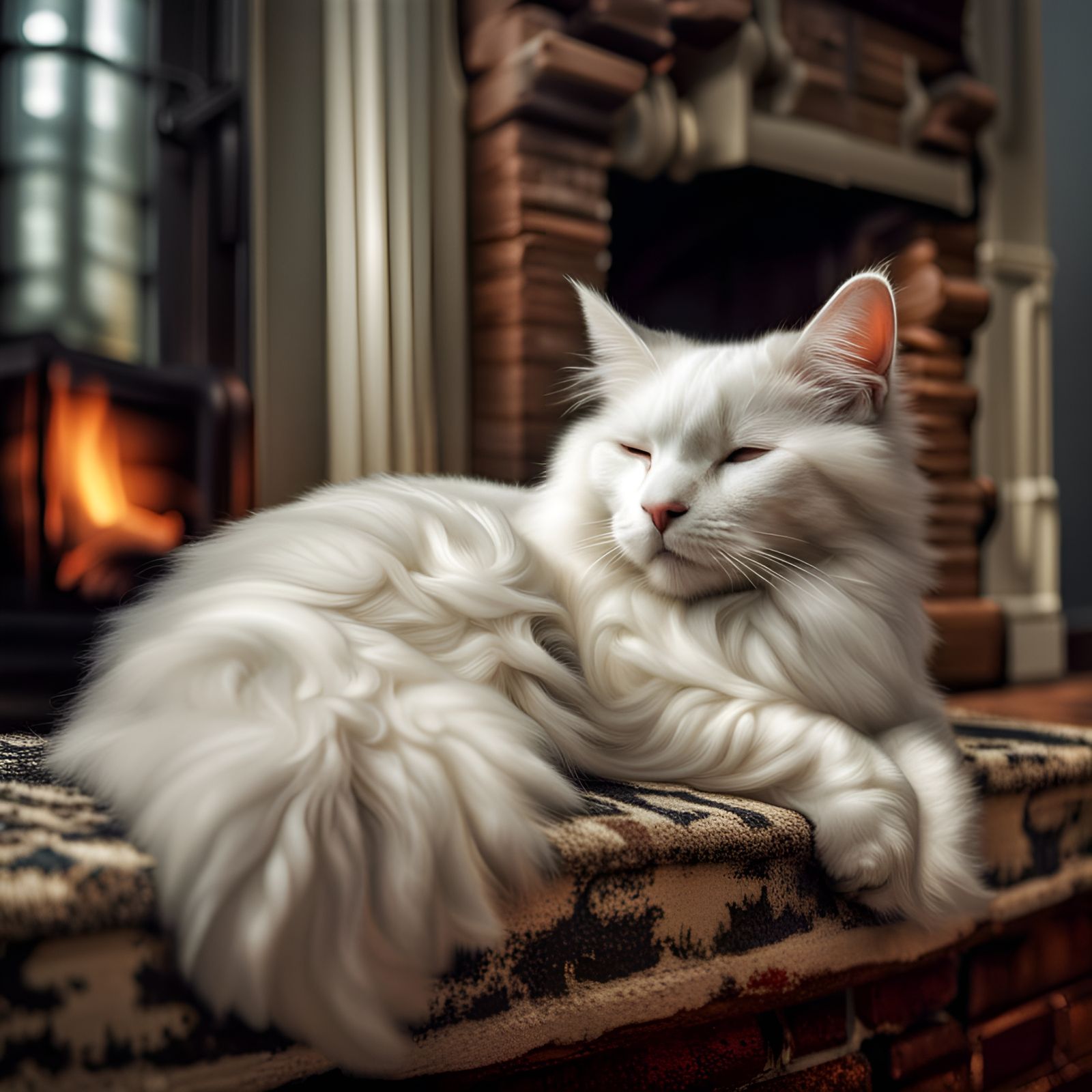 the white fluffy cat sleeping by the fireplace