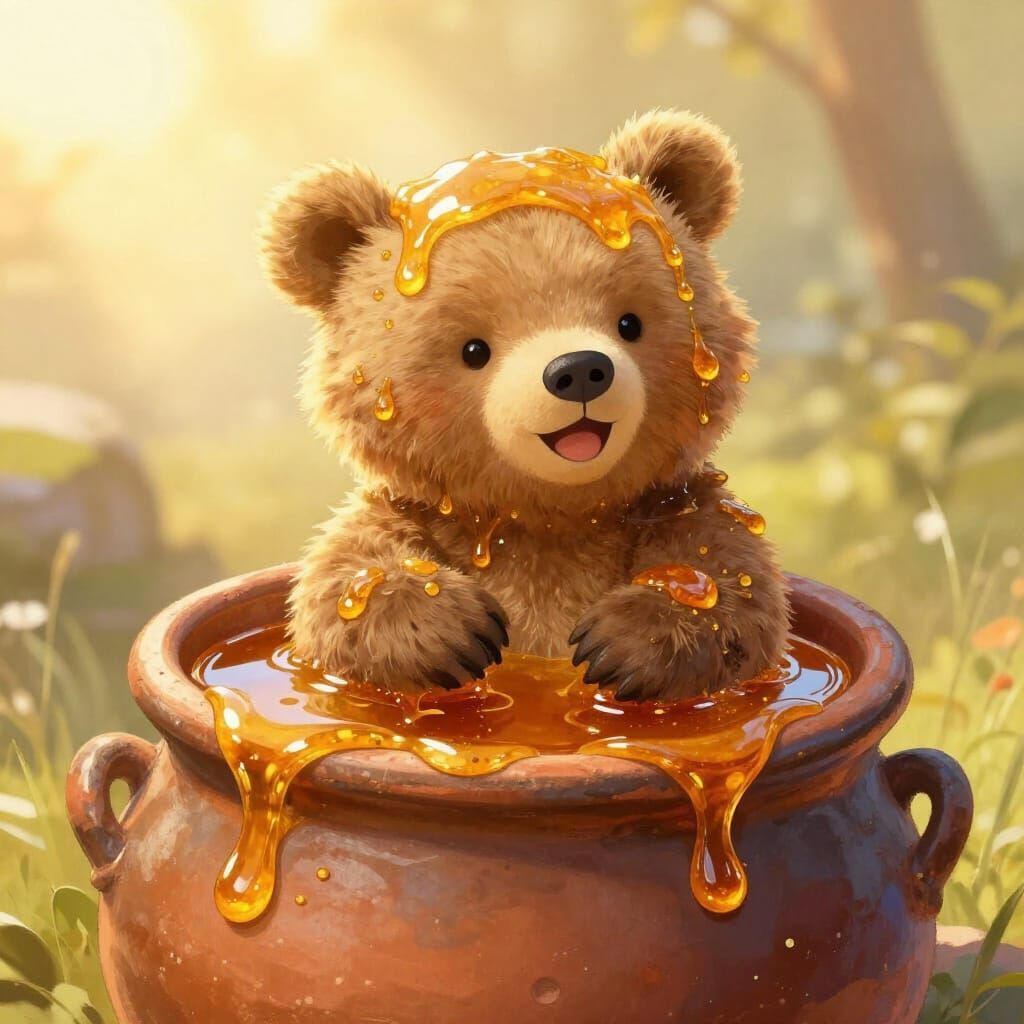 Little baby bear Cub in the largest pot of honey 
  by @Luckywolf Owl