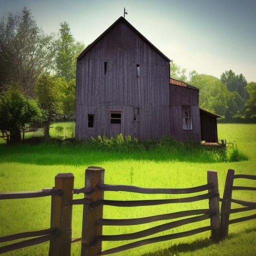 Vintage Farmhouse with Airplane on Summer Day