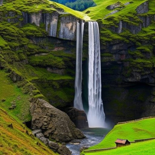 Berglandschaft mit Wasserfall und einem See