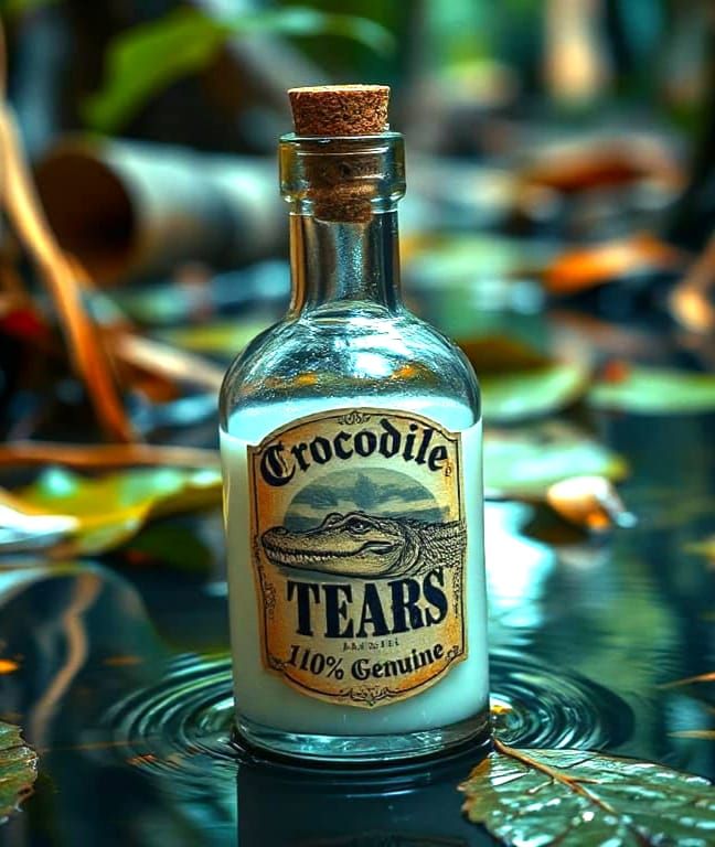 White liquid potion in bottle with a label that reads "Crocodile Tears: 110% Genuine" with a picture ...  by @Summerchild