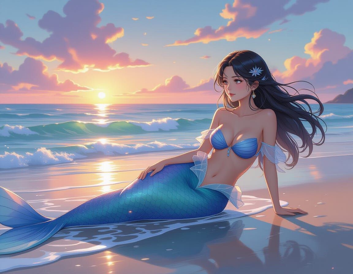 Pensive Mermaid on Sunset Shoreline Fantasy Art