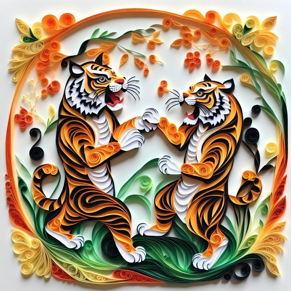 Two tigers fighting, paper quilling style, tamari thread sty...