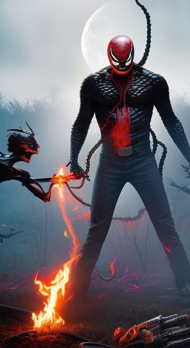 Venom fighting Ghost Rider at a dark grave yard during full ...