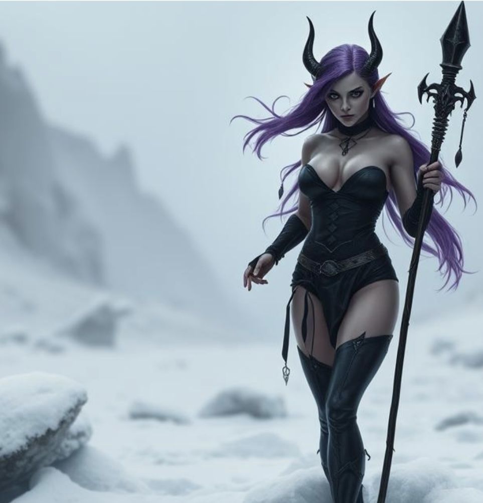 A dark elf sorceress in the frozen wastes
