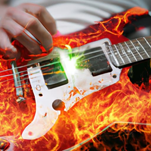 guitarist playing red electric guitar with flames coming out