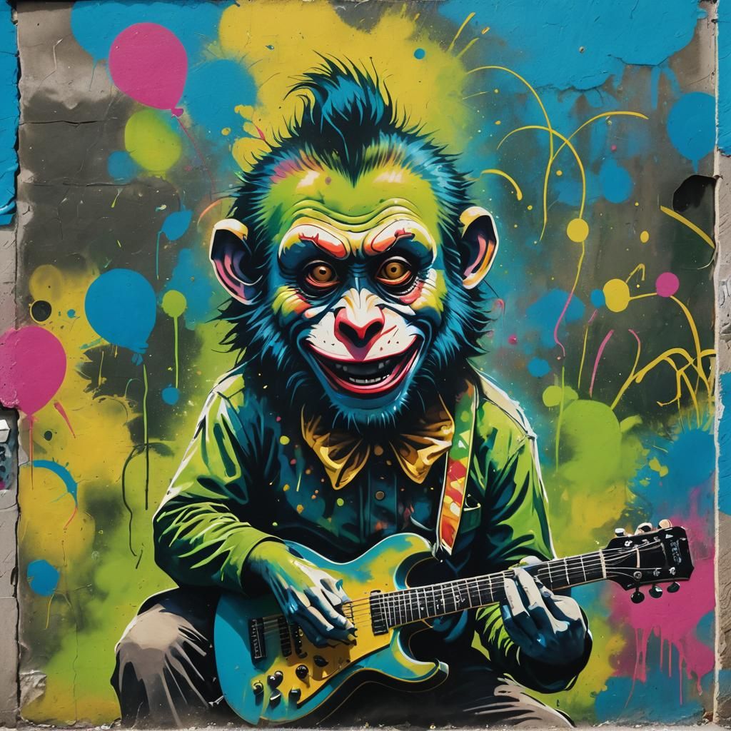 Monkey Clown Guitarist: Vibrant Street Art Performance