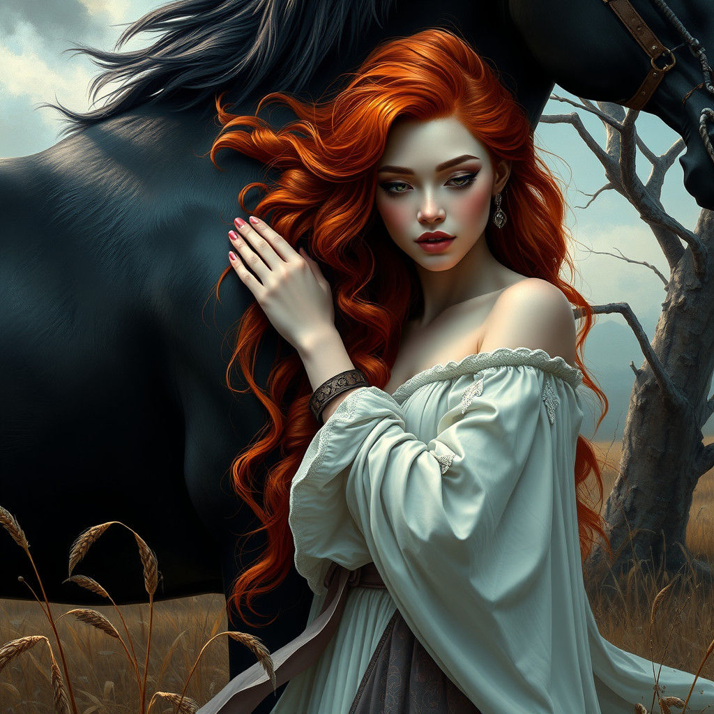 Maiden and Stallion in Fantasy Landscape