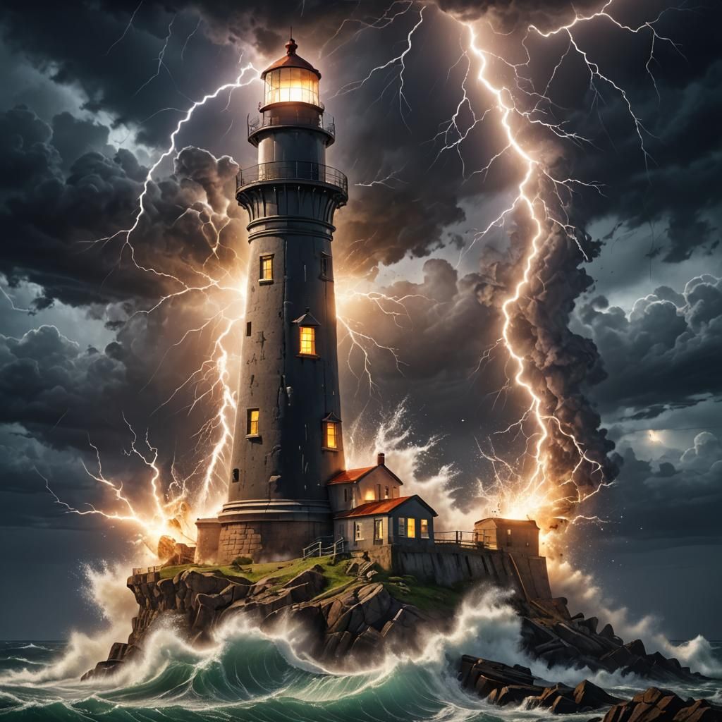 Dark Night, Huge lightning hit one lighthouse