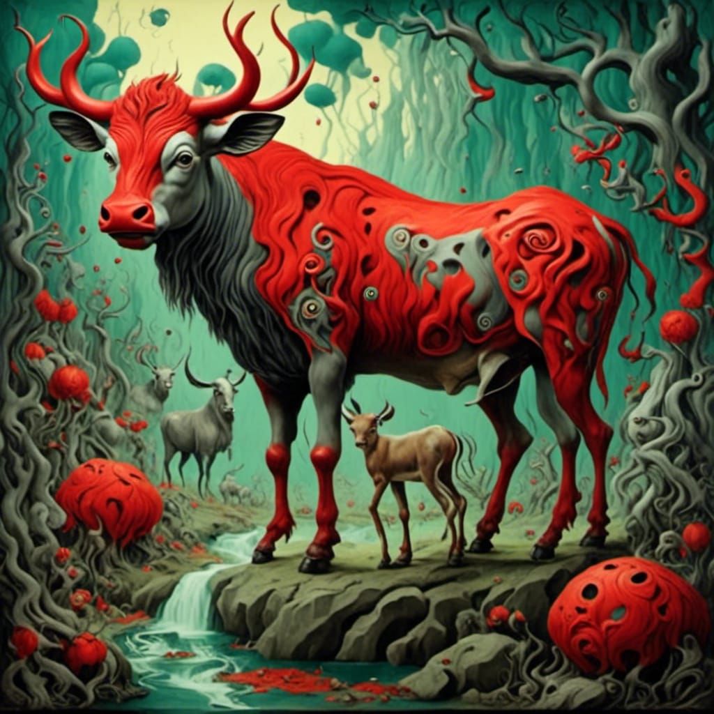 Full-body shot of a red and gray baby zebu <lora:Woodcut Whi...