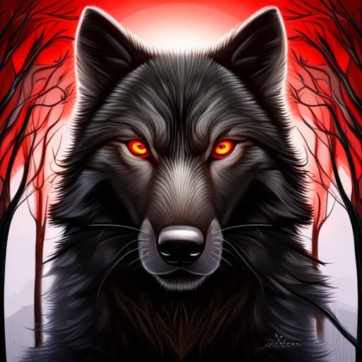 Ferocious black wolf with sharp teeth showing and huge red glowing eyes ...