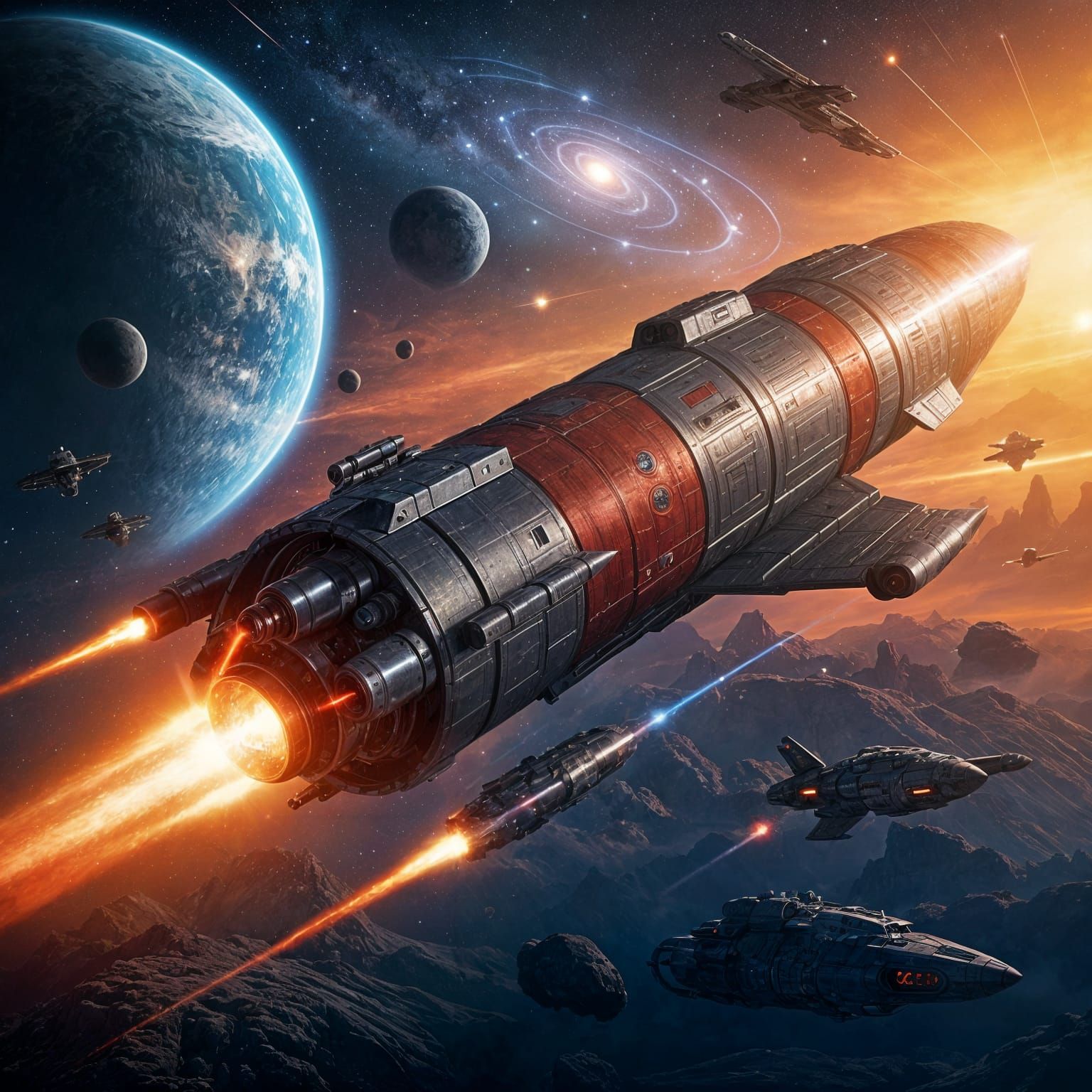 A science fiction image of a huge, battle-worn, cigar-shaped spaceship with powerful weapons flying over an alien planet. A red-hot plasma j...