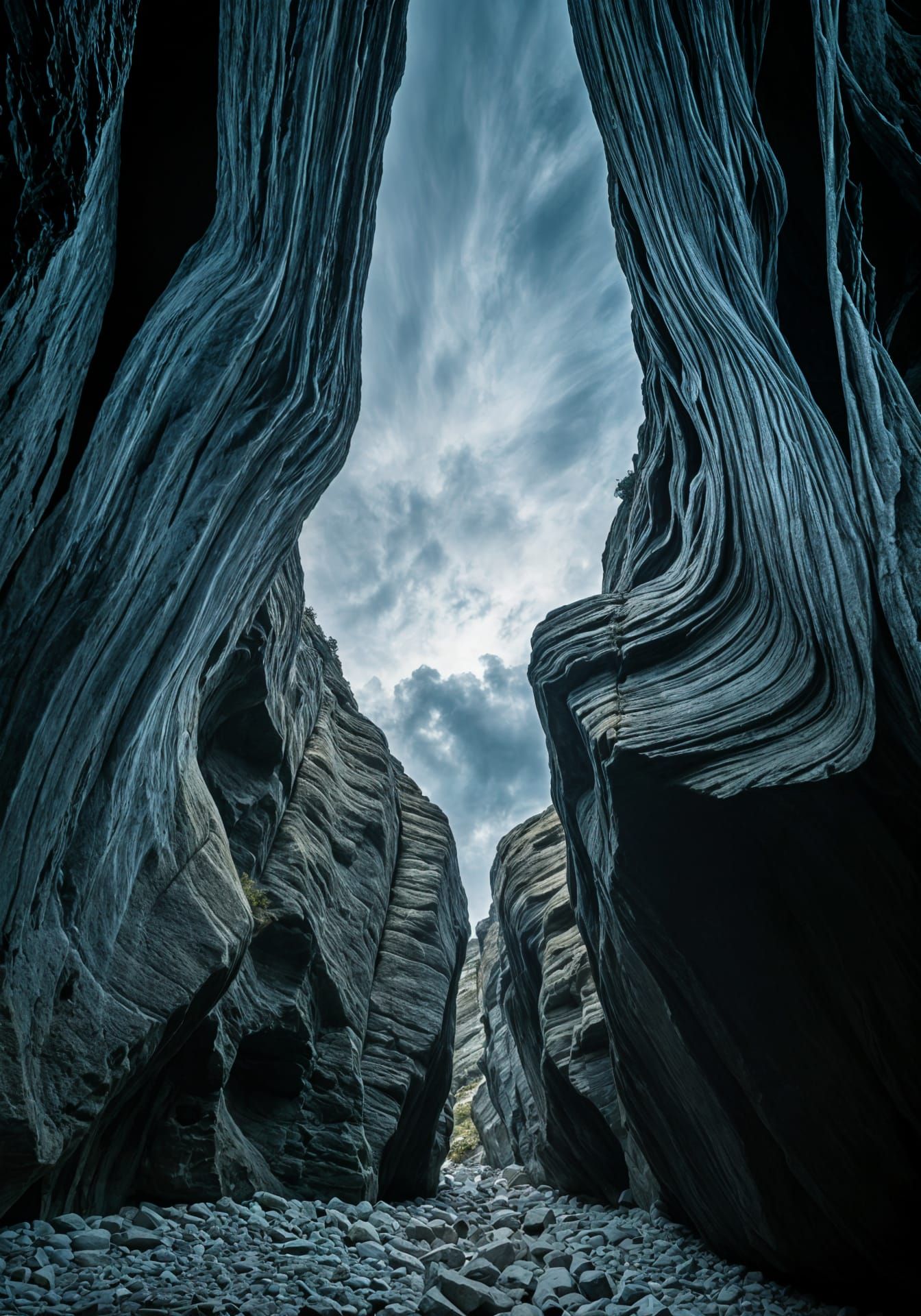 Ethereal Cloudscape Reveals Rocky Ravine in Moody Twilight
