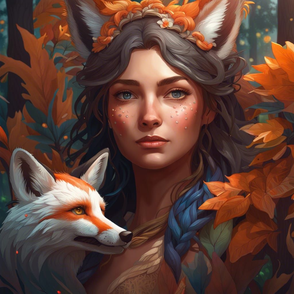 Beautiful Elaborately Detailed Girl With A Fox In The Forest - Ai 