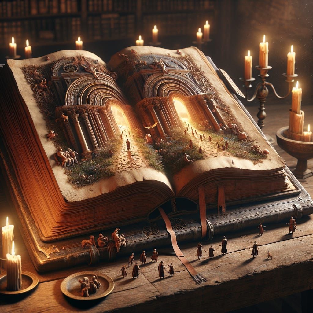 A hyperrealistic picture, as if real, an old book lying on an old, long-standing stand, open, in an old historical room, you can see moving...