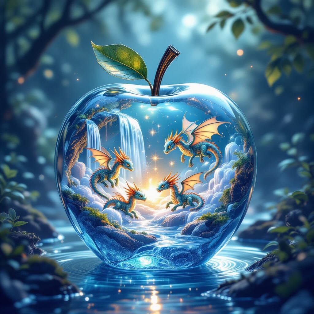 Crystal Apple World With Playful Dragons