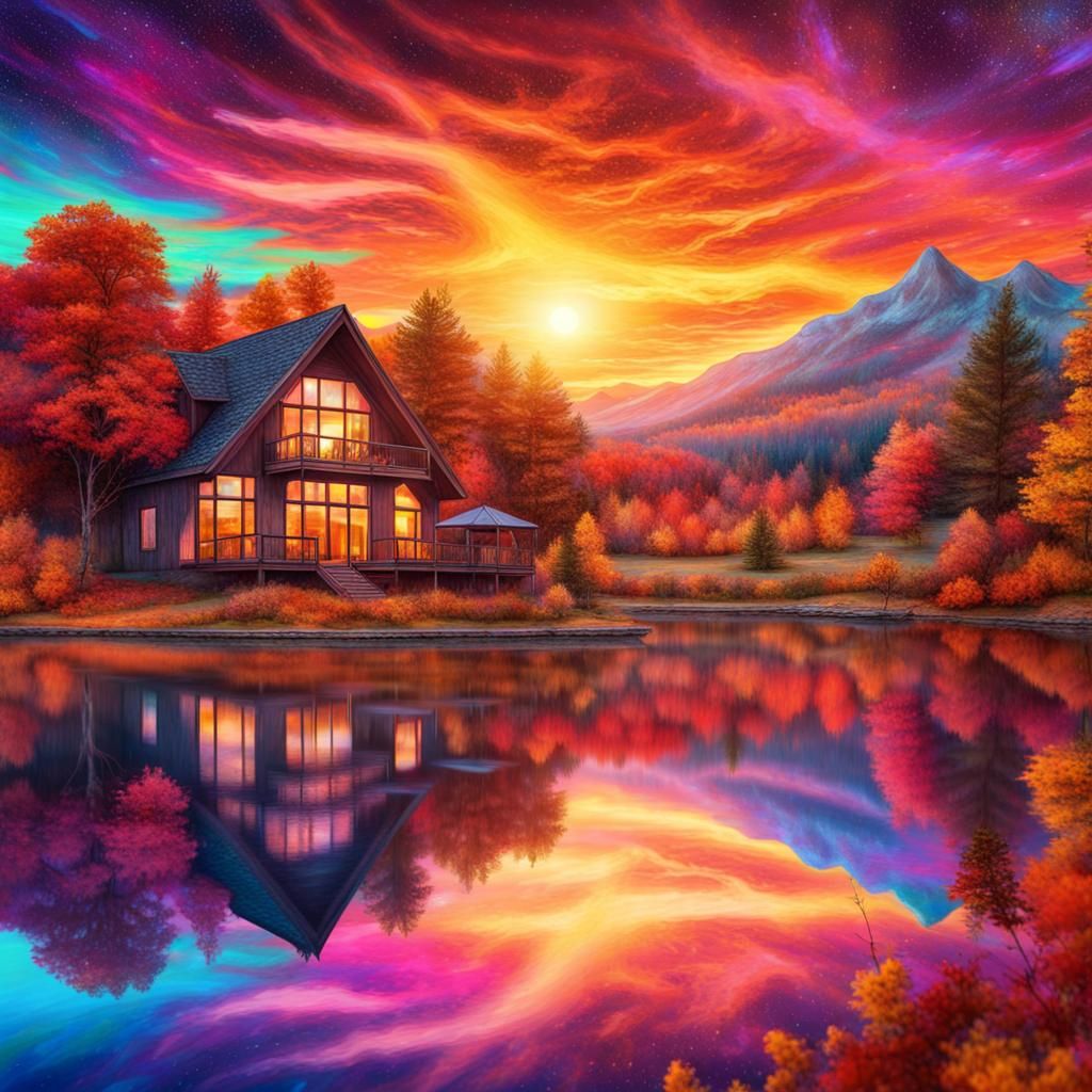 brilliant autumn sunset at the lakehouse